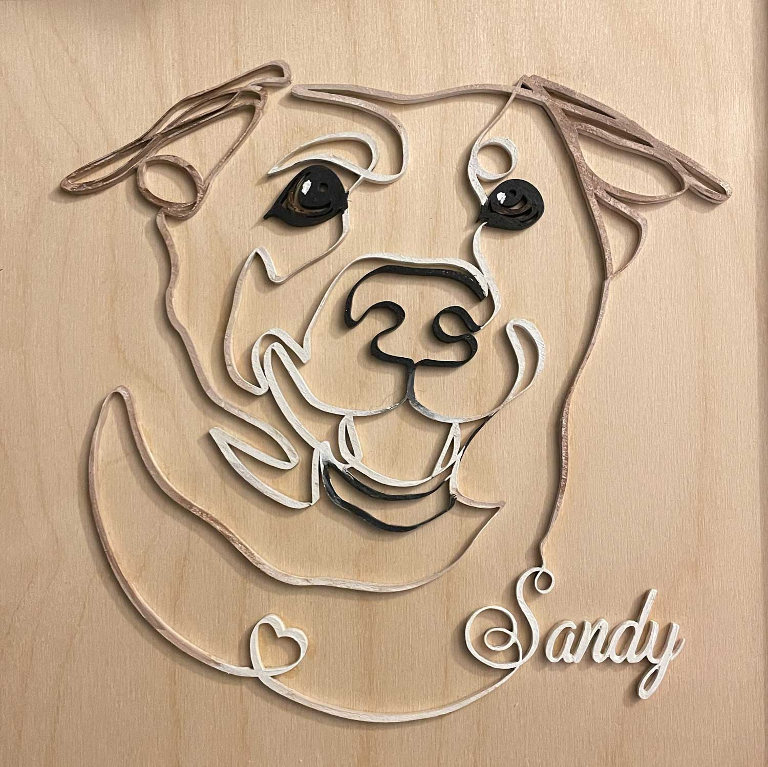 Hand painted single line drawing relief of your pet with their name in a heart.