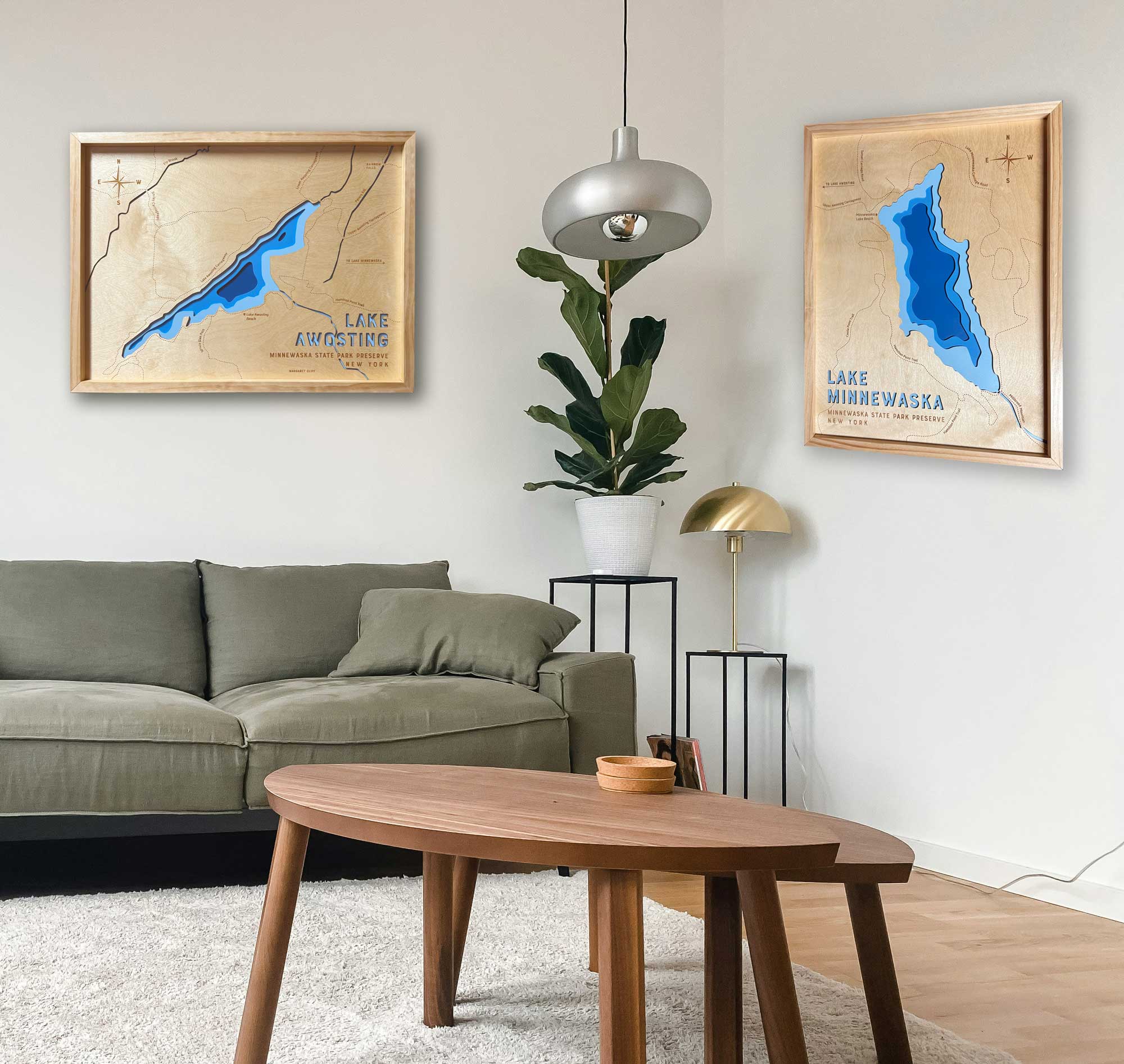 Layered graphic trail maps of Lake Minnewaska and Lake Awosting with Bathymetric details