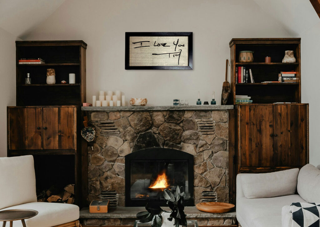 signature artwork above mantel
