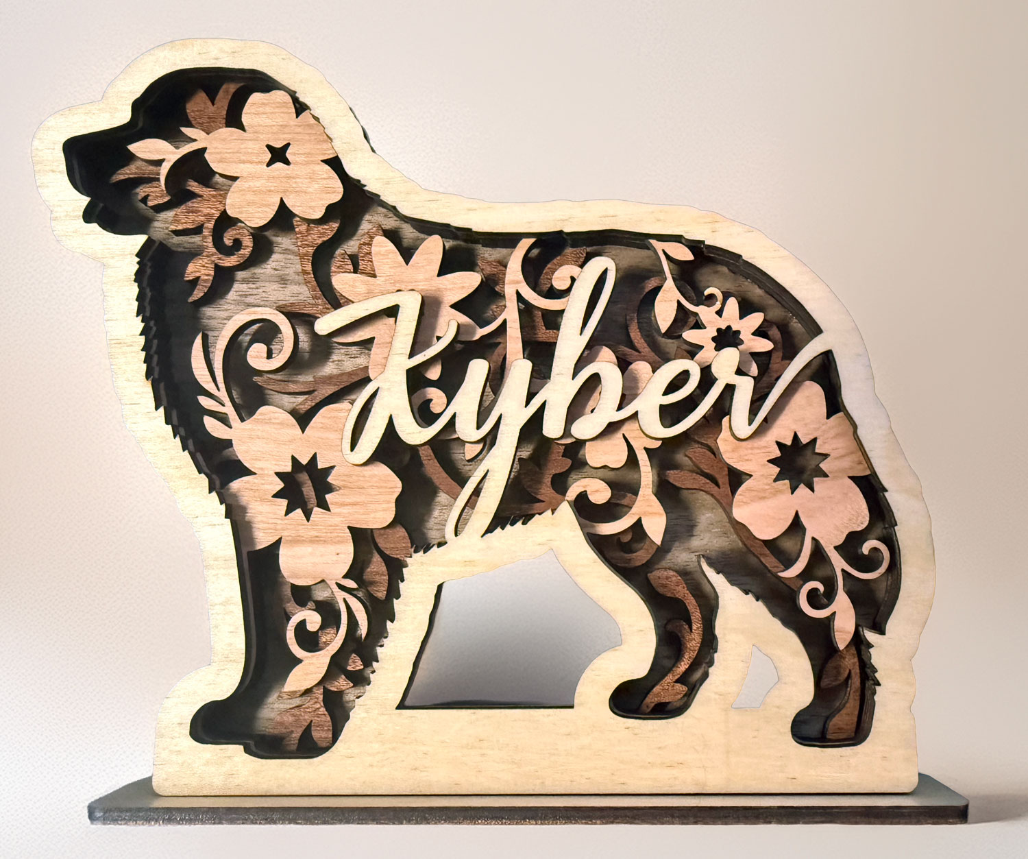 wooden sculpture of a bernese mountain dog