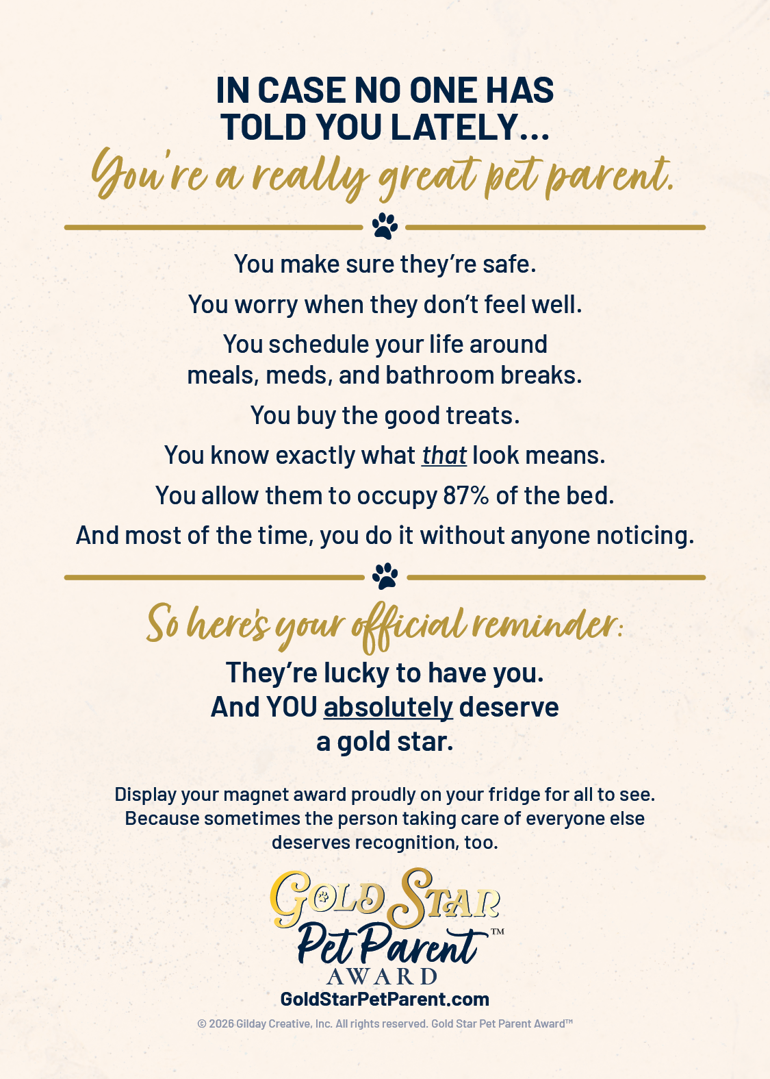 Back of Card for Gold Star Pet Parent