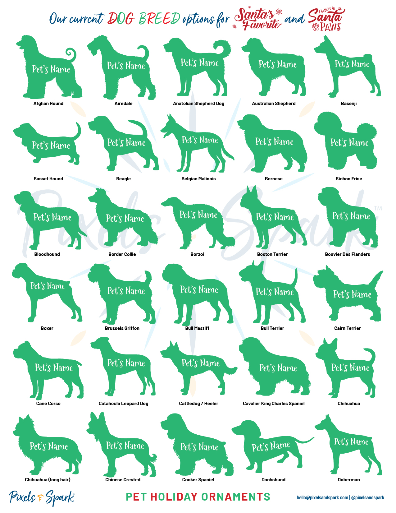 Dog Options A-D for the personalized Christmas ornaments.